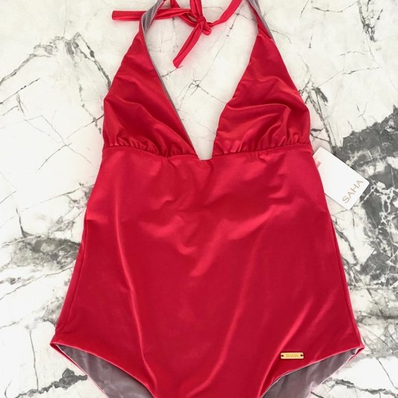 Saha Reversible  Halter Swimsuit Coral/Tan - Picture 1 of 2